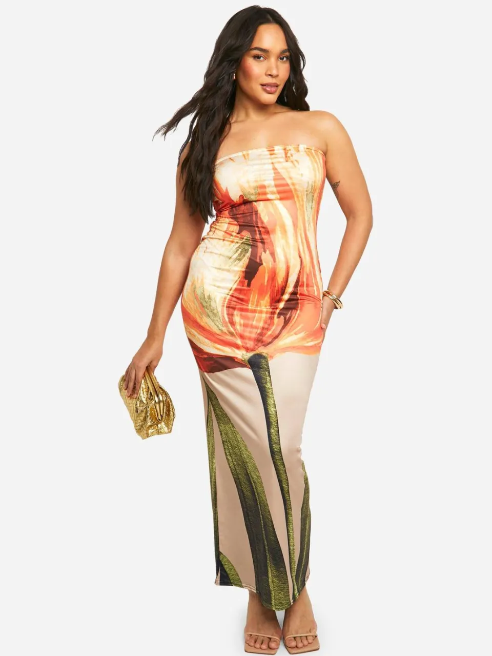boohoo Dames Plus Bandeau Floral Printed Slinky Maxi Jurk oranje, foto 2