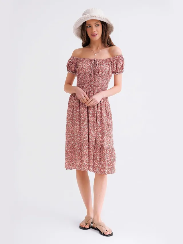 Mixray Schouderloze Bloemen Geborduurde Taille Puff Mouw Midi Jurk Roze