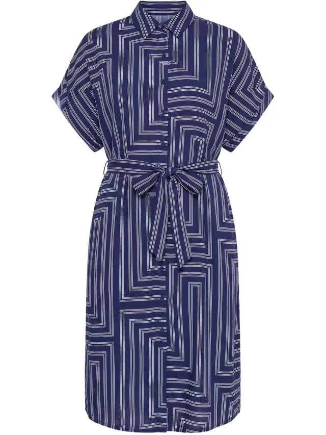 Studio Untold Dames - Midi-shirtblousejurk A-lijn grafische print - Navy - Maat 50+