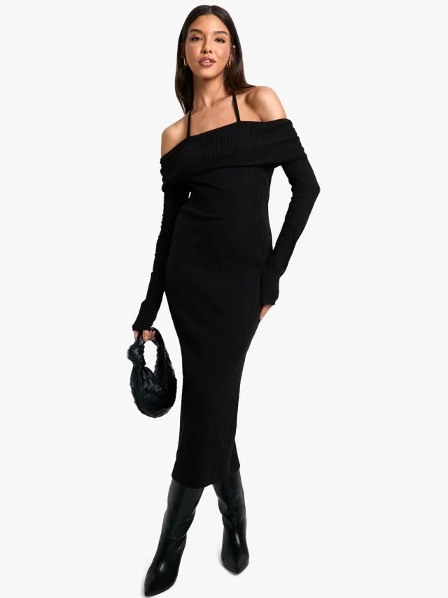 boohoo Dames Brede Rib Bardot Tie Midaxi-jurk Zwart
