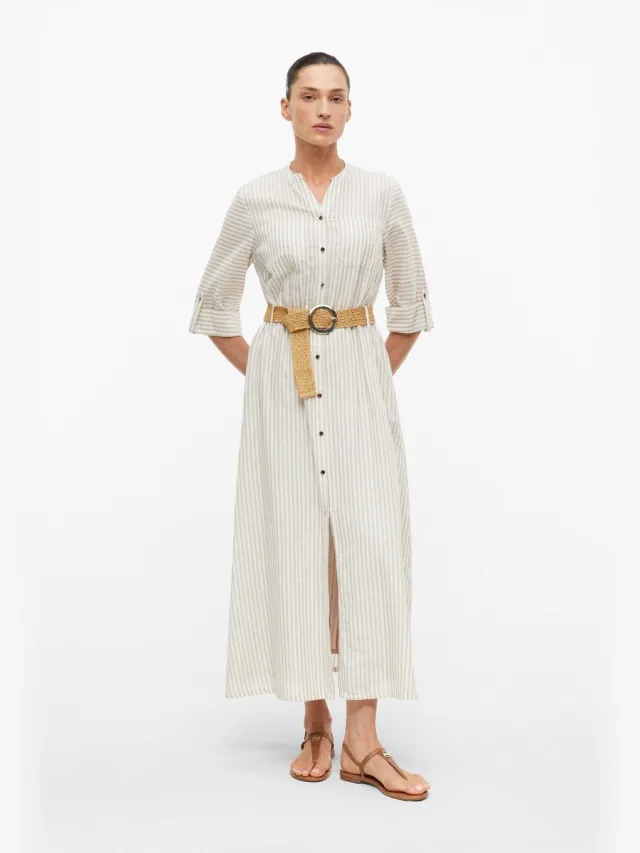 S.Oliver female - Gestreepte midi linnen jurk met ceintuur lichtbeige