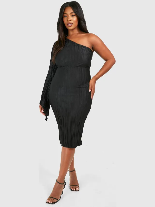 boohoo Dames Plus Wide Plisse Cape-mouw Detail Midi Jurk Zwart
