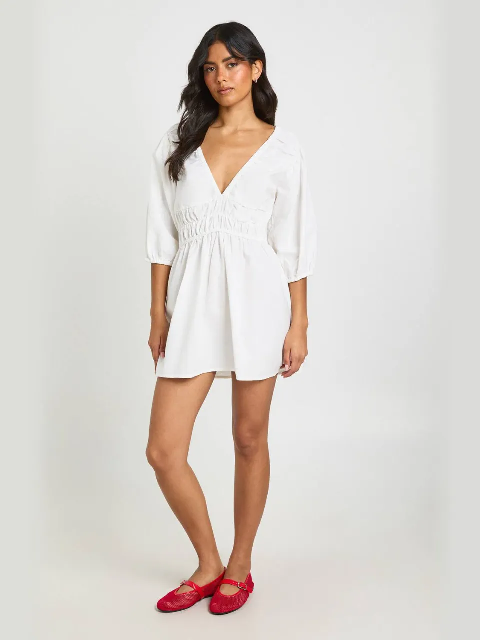 boohoo Dames Linnen-look Jurk Met Volumineuze Mouwen En Gerimpelde Skater-stijl ivoor, foto 2