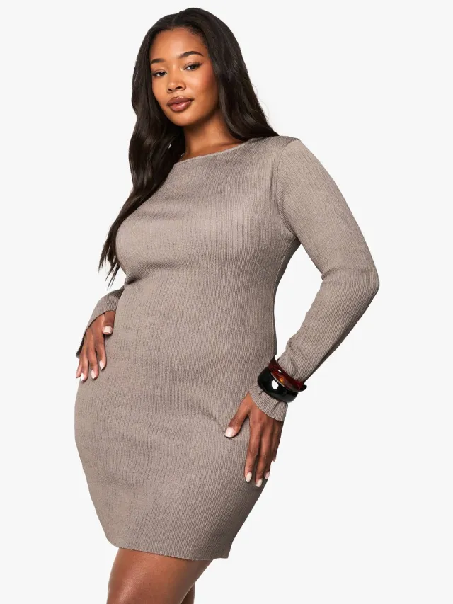 boohoo Dames Plus Ripple Textuur Bodycon Jurk Mokka