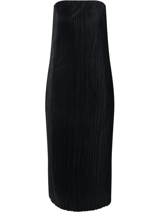 Ulla Popken Dames - Geplooide maxi-jurk elastische hals strapless - Zwart - Maat 42+