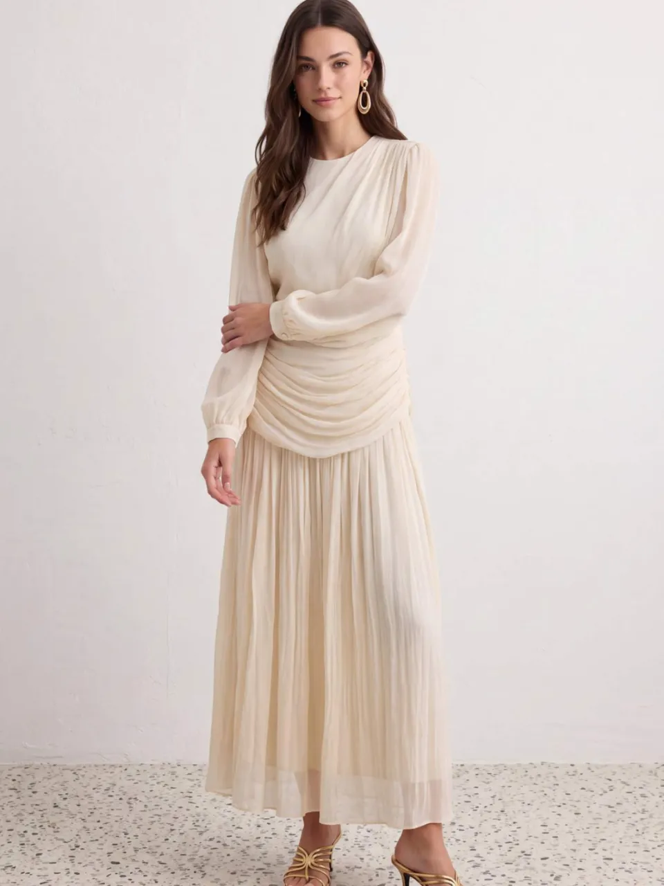 Trendyol Modest Dames Ecru Effen Maxi Lang Stijlvol/Avond Skater Modest Avond Jurken