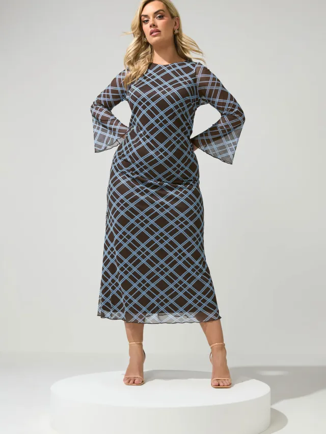 Yours London Chocoladebruin En Blauw Geruite Mesh Jurk Brown