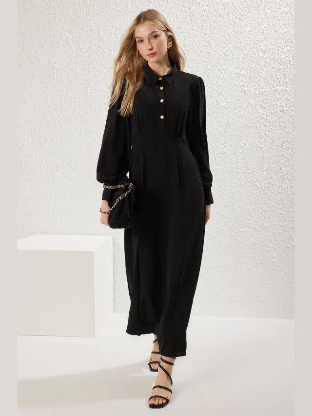 Trendyol Modest Dames Zwart Effen Maxi Lang Casual Skater Modest Jurken