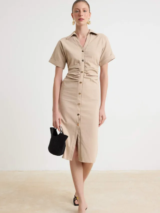 Trendyol TRENDYOLMİLLA Dames Beige Effen Midi Kort Avond / Dagelijks Blousejurk Jurken Gebroken wit
