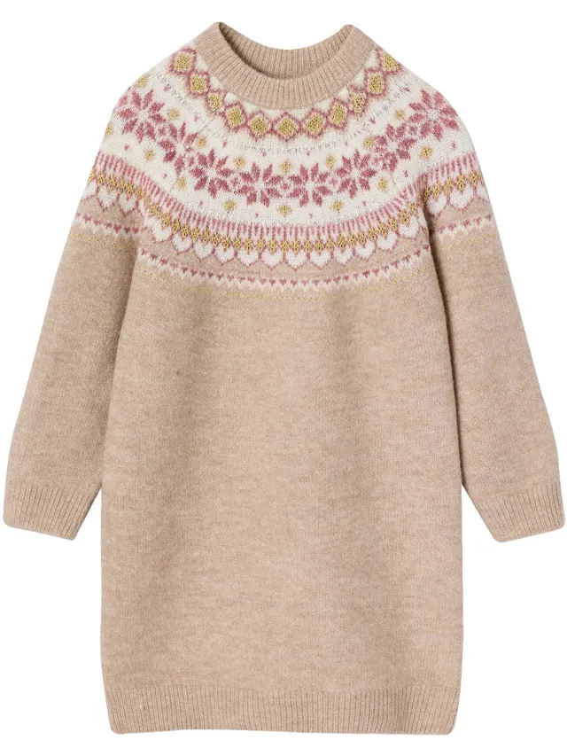 vertbaudet Jacquard jurk met lange mouwen kameel