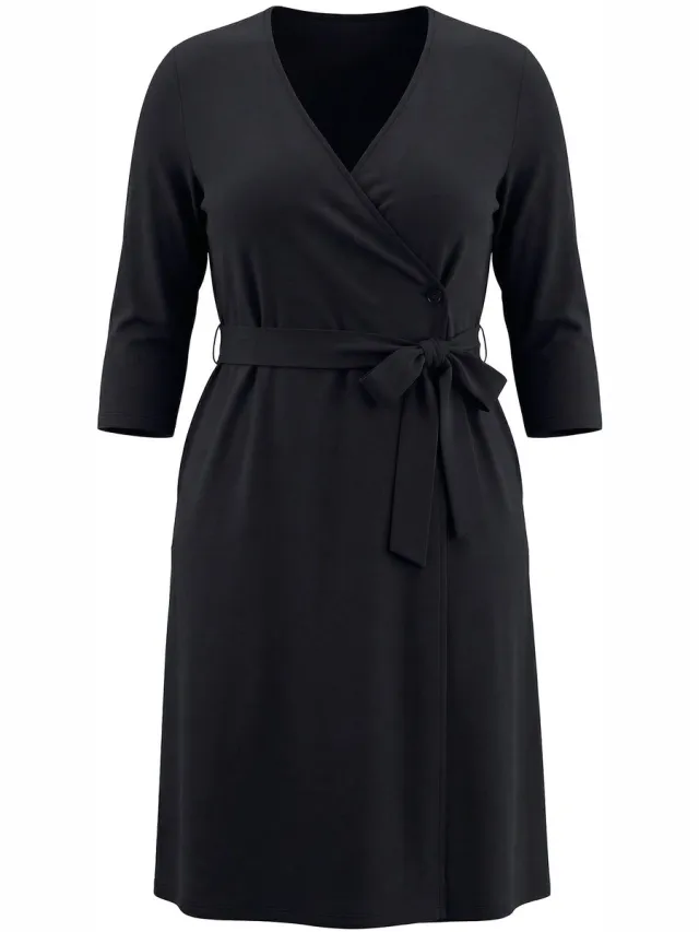 Ulla Popken Dames - Jurk in wikkellook A-lijn V-hals 3/4-mouwen zakken - Zwart - Maat 50+
