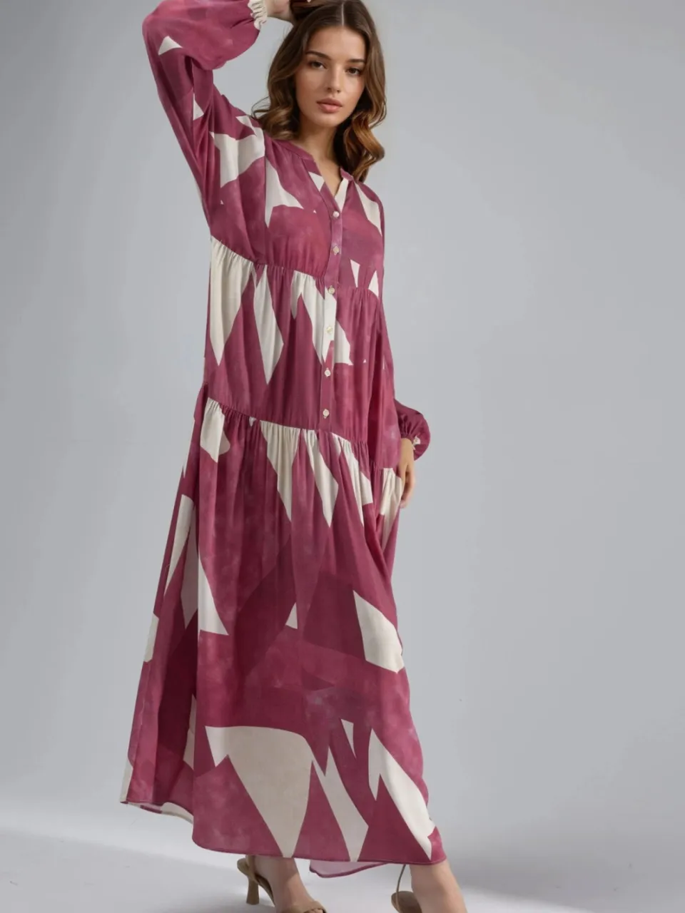 Hiccup Geprinte Lange Mouw Viscose Maxi Jurk rood, foto 2