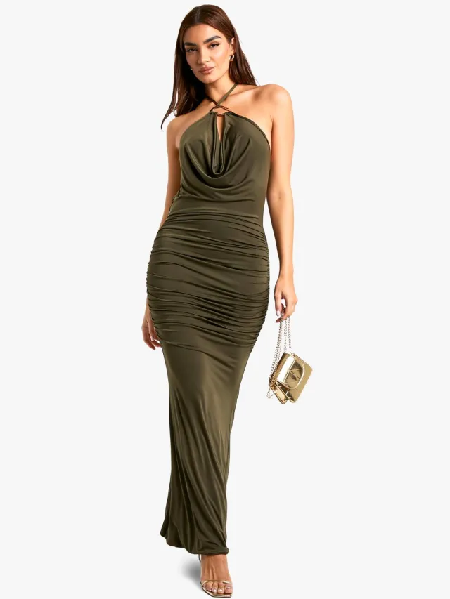 boohoo Dames Trim Detail Cowl Ruched Slinky Maxi-jurk Kaki