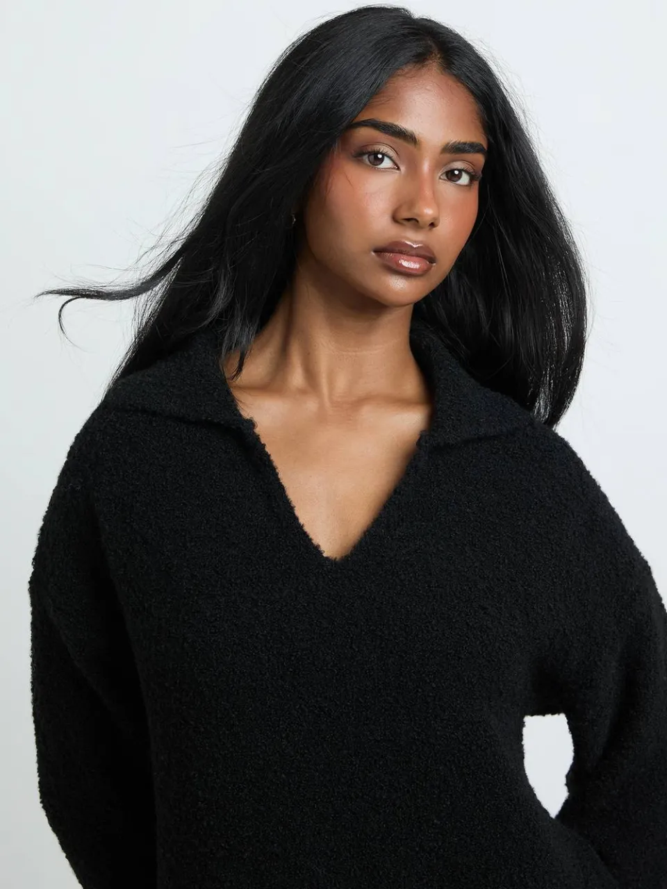 boohoo Dames Gebreide Mini-trui Jurk Met Kraag In Boucle zwart, foto 4