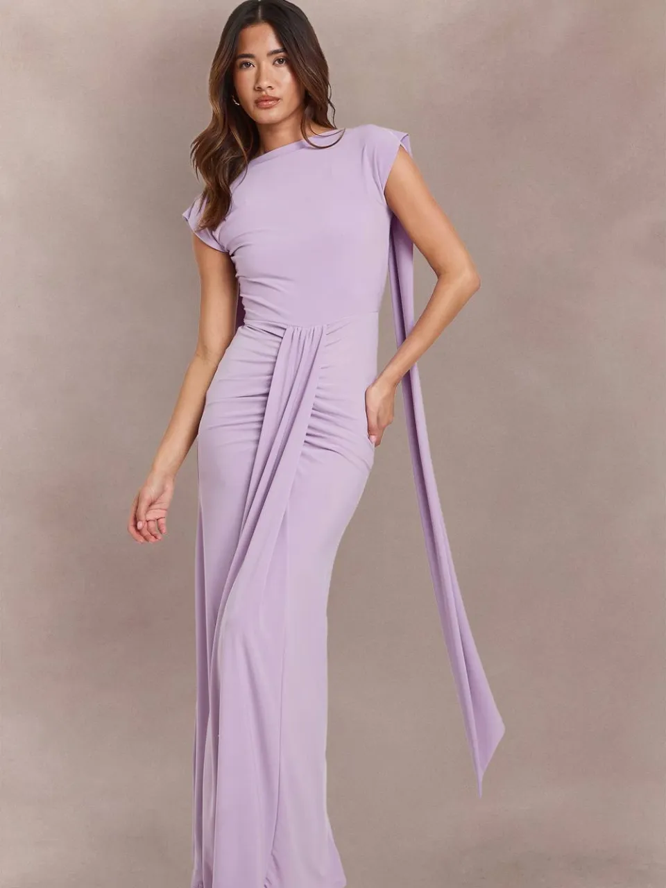 boohoo Dames Dubbellaags Slinky Maxi Jurk Met Aangeknipte Hals En Gedrapeerd Voorpand Lila