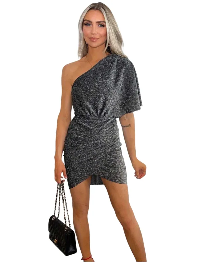 AX Paris Mini-jurk voor dames van glanzend polyester met drapering en één mouw (Zilver)