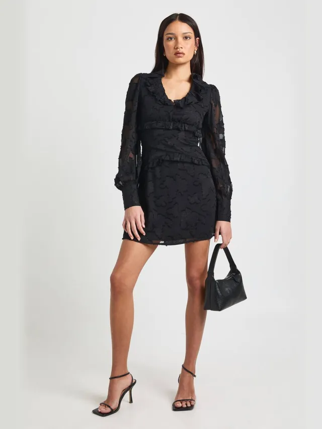 boohoo Dames Burnout Mini Jurk met Ruches Detail en Volumemouwen Zwart