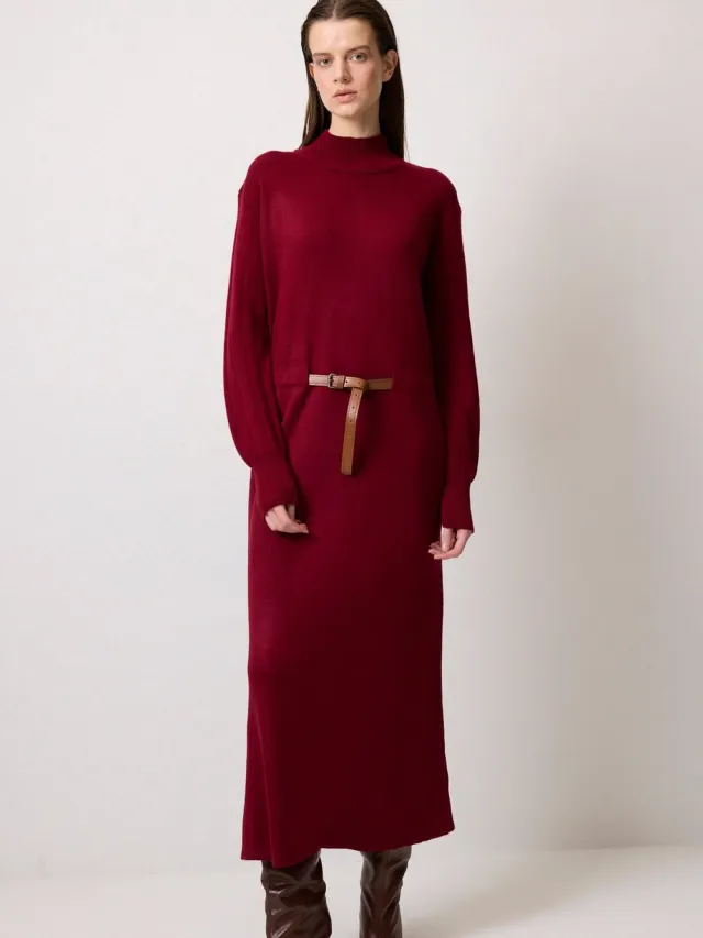 TOUCHÉ PRIVÉ Gebreide jurk met riem - Bordeaux - Dames