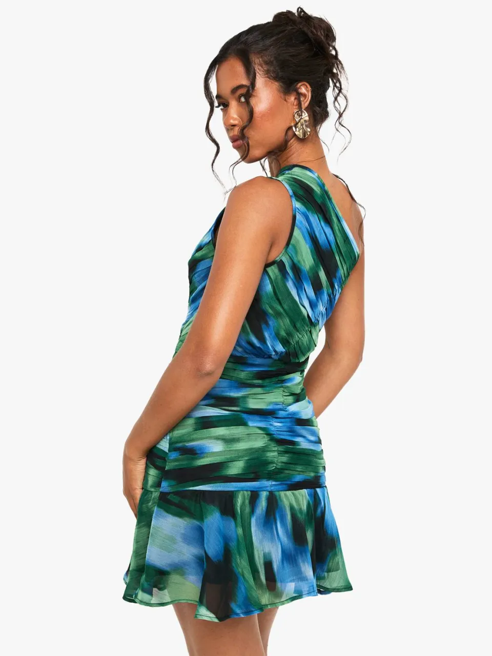 boohoo Dames Abstract bedrukte geplooide one-shoulder mini-jurk blauw, foto 2