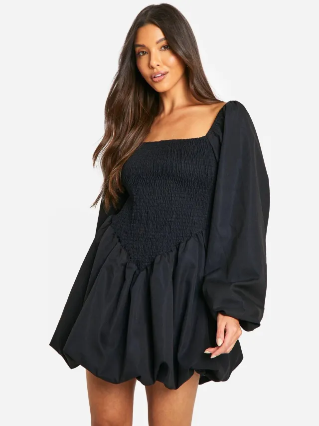 boohoo Dames Gerimpelde Lange Mouw Smock Jurk zwart, foto 2