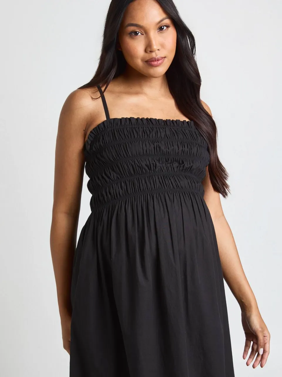 boohoo Dames Zwangerschaps Katoenen Poplin Gesmockte Bandjes Maxi Jurk zwart, foto 3