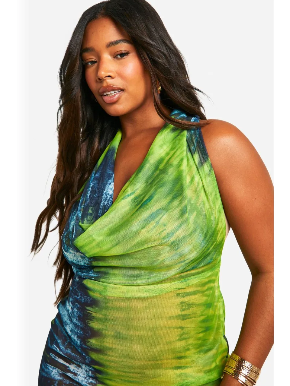 boohoo Dames Plus Mesh Halterneck Bodycon Jurk limoen, foto 4