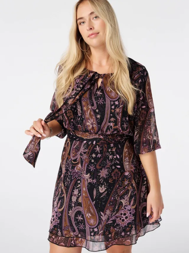 MS Mode korte blousejurk met paisley - zwart/camel/paars