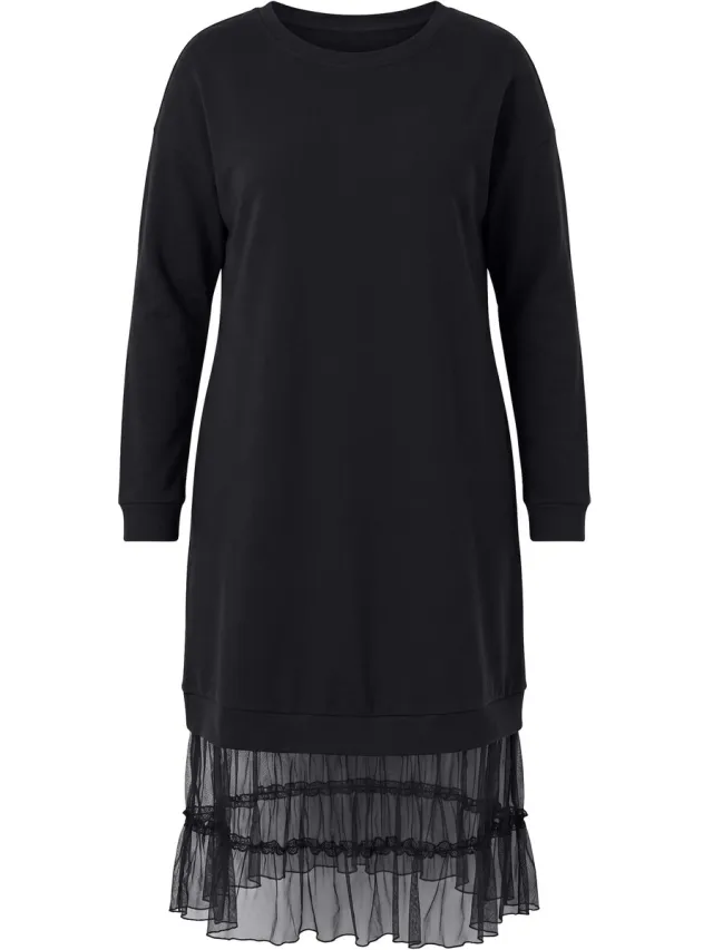 MIAMODA Dames - Midi-sweatjurk oversized met mesh-volants aan de zoom - Zwart