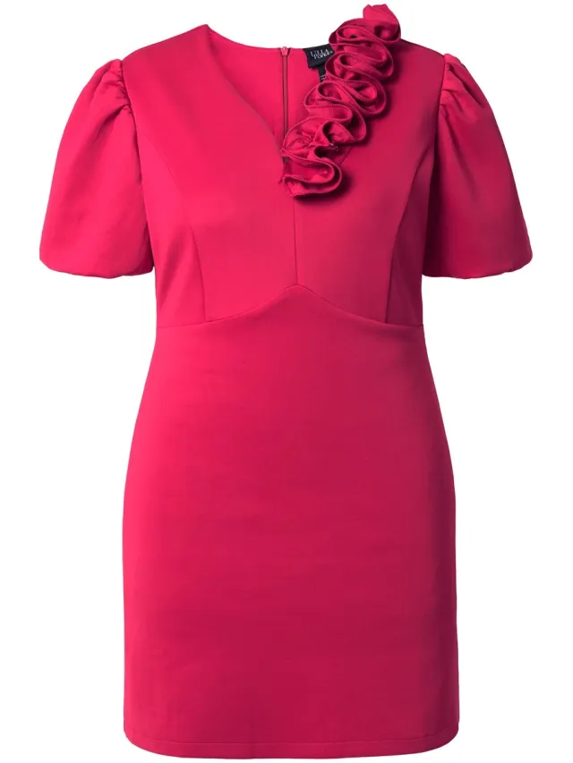 Ulla Popken Dames - Bodycon-scuba jurk 3D-rozen korte pofmouwen - Magenta