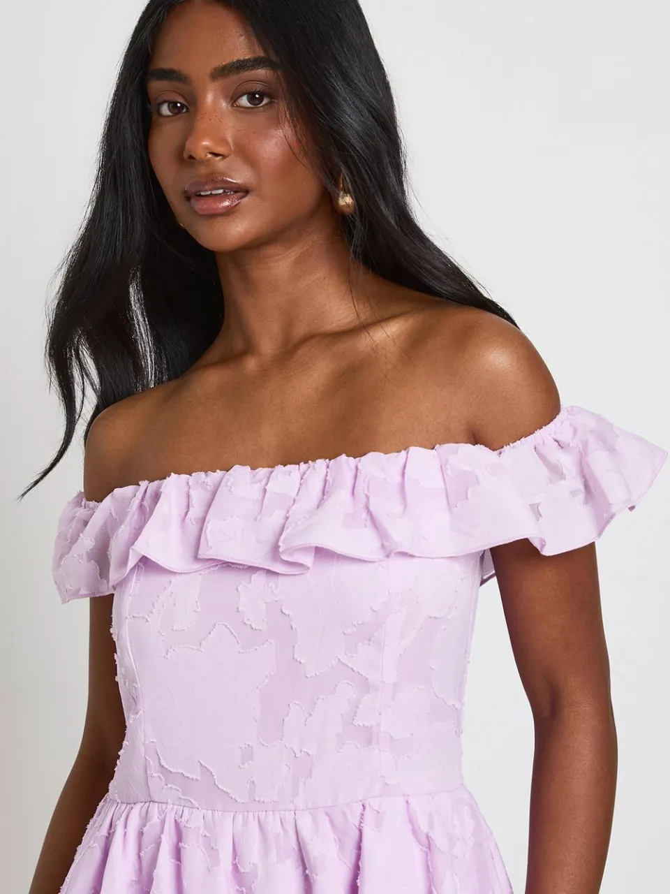 boohoo Dames Getextureerde Bloemen Bardot Mini Jurk lila, foto 4