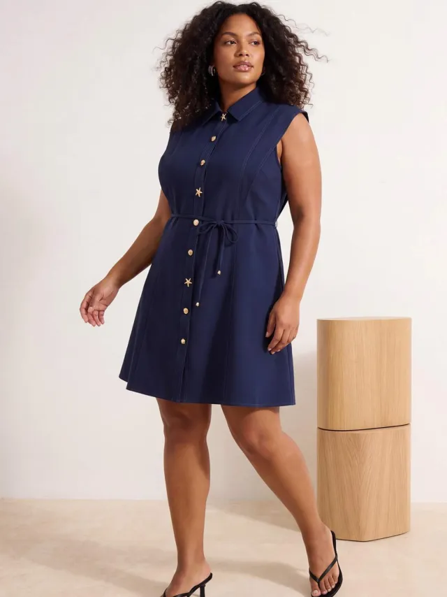 Trendyol Curve Dames Donkerblauw Effen Kort / Mini Mouwloos Casual A-lijn Grote maten Jurk Marineblauw/Blauw
