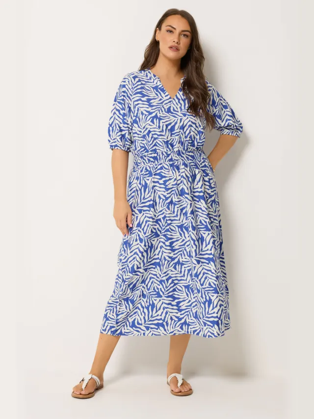Yours Blauwe Jurk Met Bladprint En Inkeping In De Hals Blue