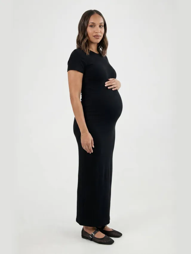 boohoo Dames Zwangerschaps Geribbelde Korte Mouw Maxi Jurk Zwart