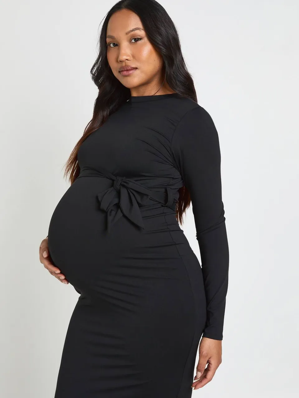 boohoo Dames Zwangerschaps Midi-jurk Met Strikceintuur zwart, foto 3