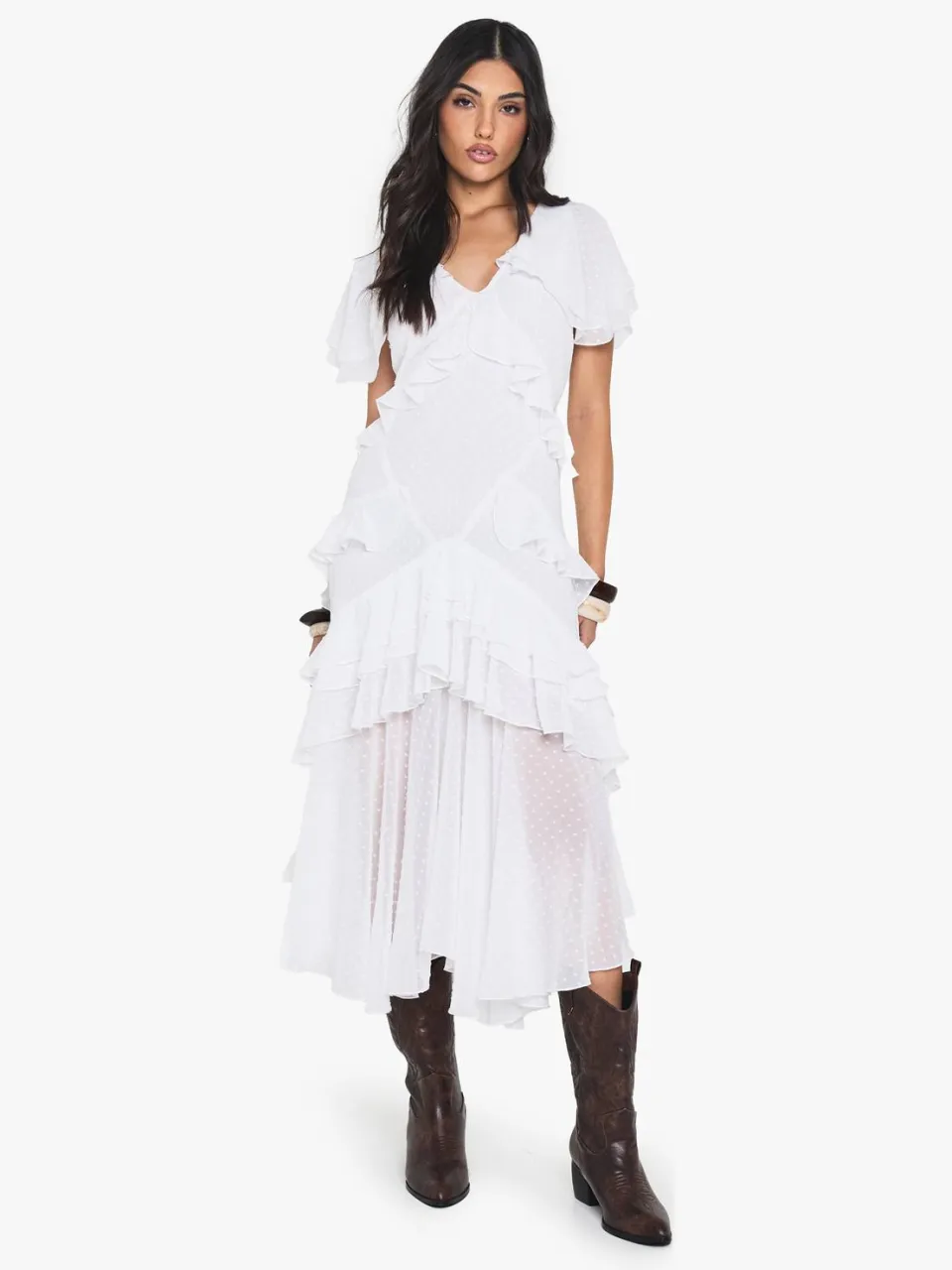 boohoo Dames Dobby Frill Detail Maxi Jurk ivoor, foto 2