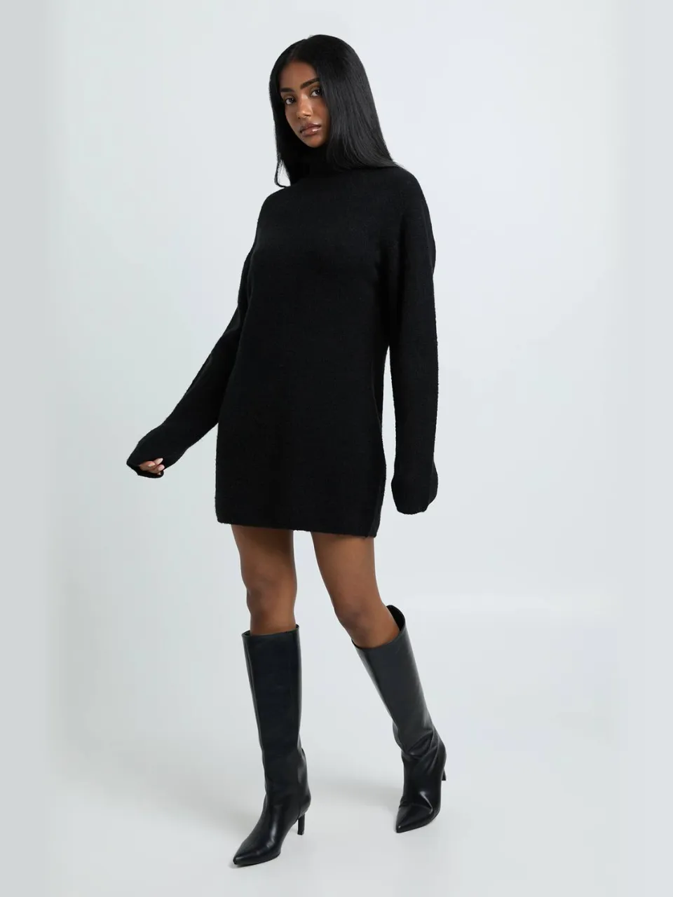 boohoo Dames Petite Coltrui Chunky Gebreide Mini Jurk zwart, foto 2