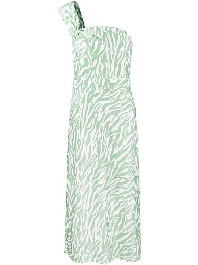 Gimme Elegante Een-Schouder Maxi-Jurk met Zebraprint - Groen
