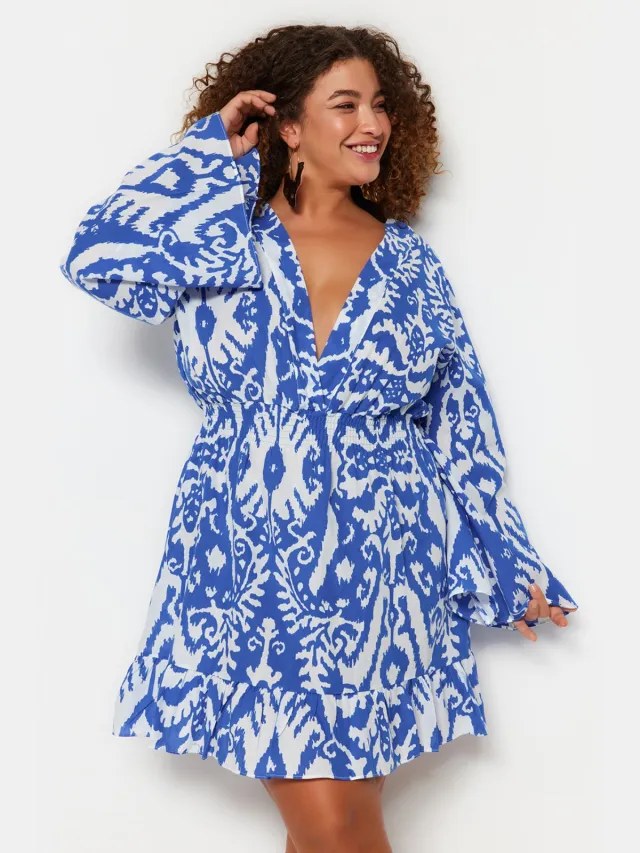 Trendyol Curve Dames Blauw Etnisch patroon Kort / Mini Lang Strandkleding Skater Grote maten Jurk