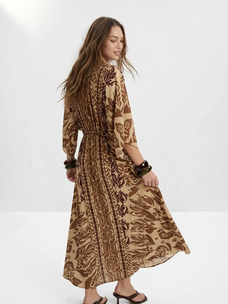 Trendyol TRENDYOLMİLLA Dames Beige Etnisch patroon Maxi Driekwart mouw Recht Jurken, foto 2