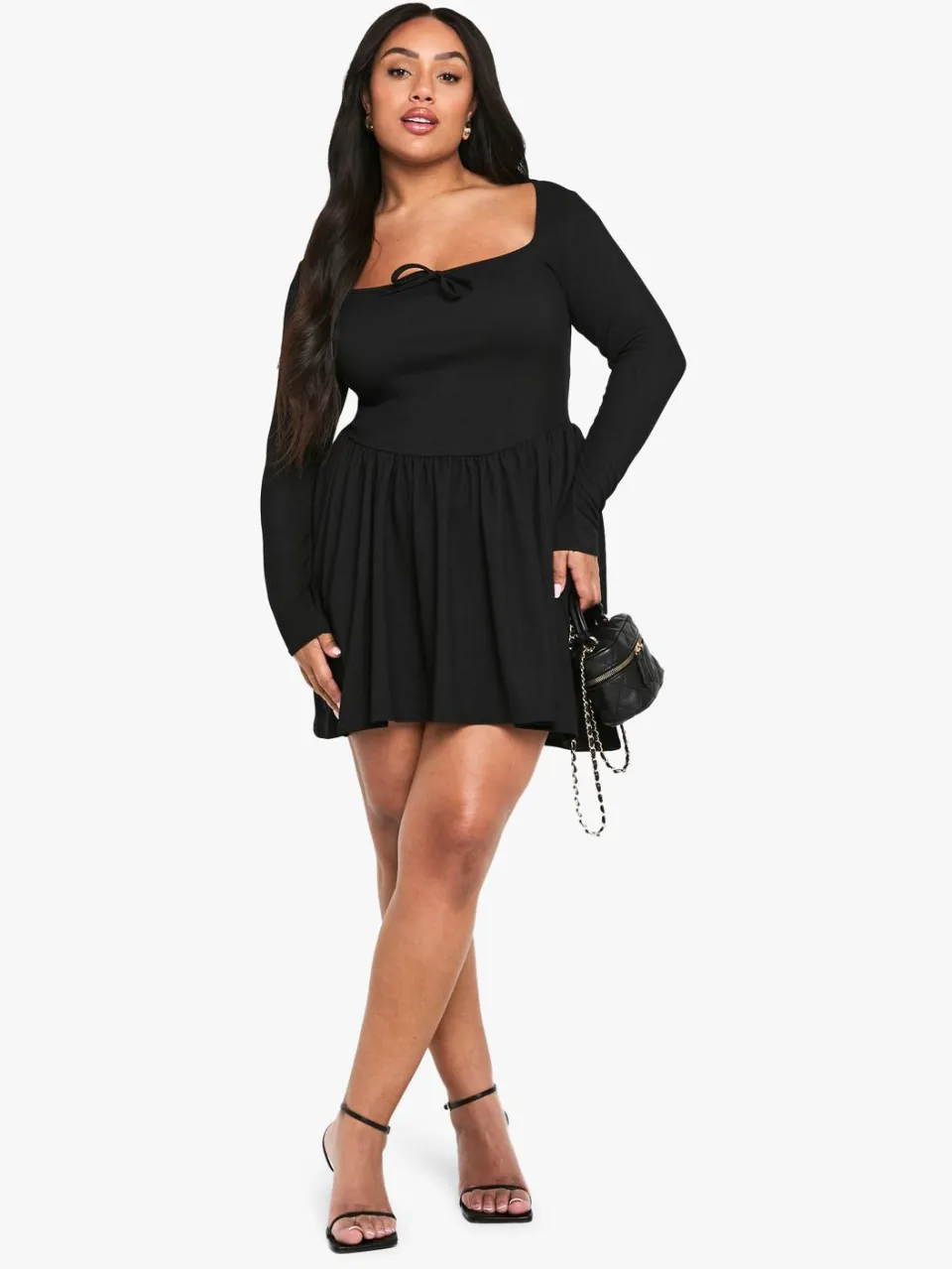 boohoo Dames Plus rib boogdetail skaterjurk zwart, foto 3