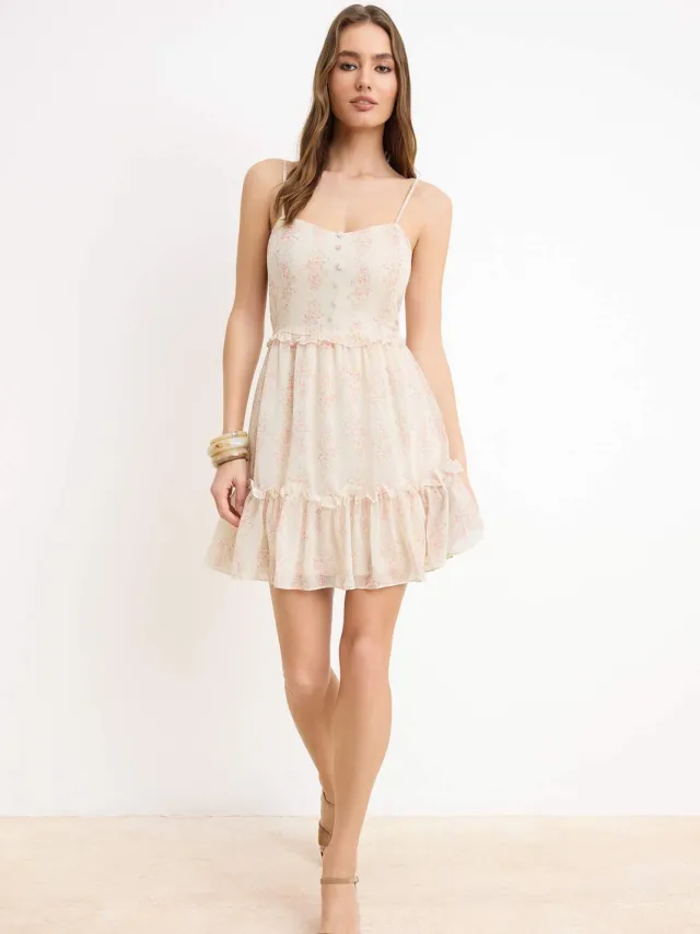 Trendyol TRENDYOLMİLLA Dames Ecru Bloemen Kort / Mini Mouwloos Avond / Dagelijks Skater Jurken