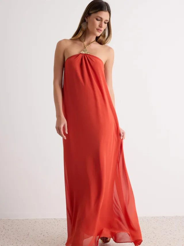 Trendyol TRENDYOLMİLLA Dames Oranje Effen Maxi Mouwloos Recht Avond & Gala Jurk