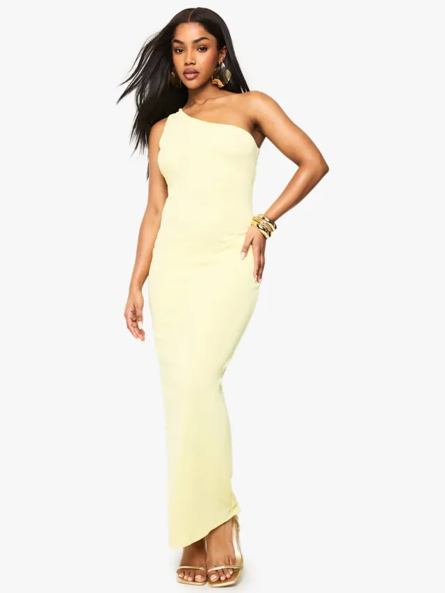 boohoo Dames One Shoulder Open Back Maxi-jurk Citroen