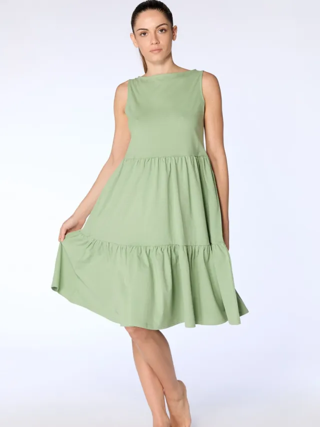 Leela Cotton dames vegan Jurk Ruffled Basil Lichtgroen
