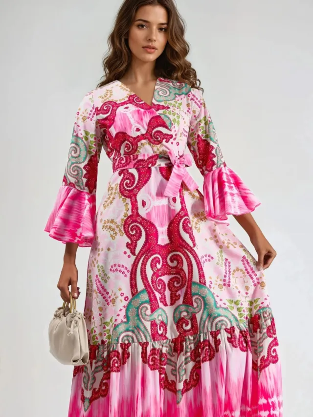 MSN Collection Rimpelige Paisley V-hals Maxi Jurk Roze