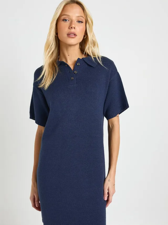 boohoo Dames Oversized gebreide jurk met kraag en knoopjes Marineblauw