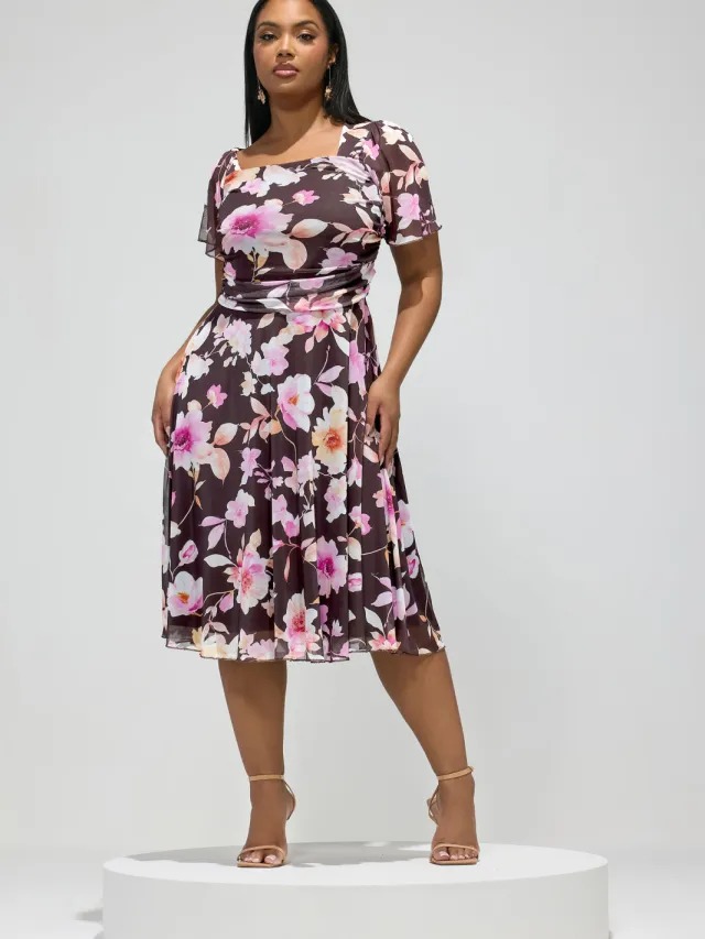 Yours London Chocoladebruine Mesh Jurk Met Bloemenprint Brown
