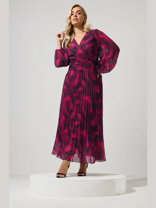 Yours London Rode Abstracte Plissé Jurk Red