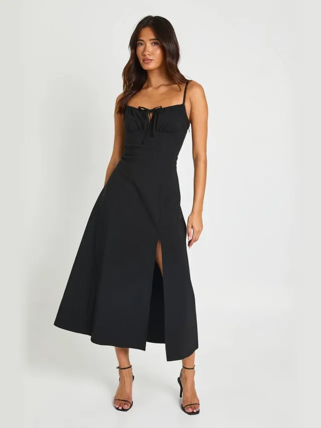 boohoo Dames Bengaline Midi-jurk Met Gerimpelde Buste En Verlaagde Taille Zwart
