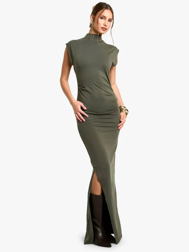 boohoo Dames Gerufte hoge hals midaxi jurk Donkere Olijf